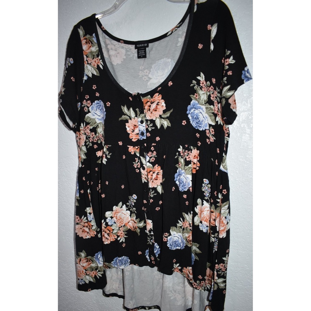 TORRID 0X Soft Stretch Tunic BABYDOLL Scoop Neck High/Low Hem Button Front Black - Picture 6 of 16